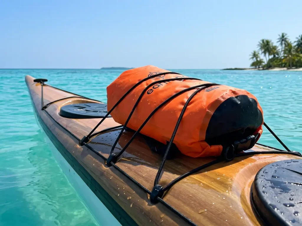 An orange earth pak waterproof dry bag secured on the deck of a kayak on calm ocean water.