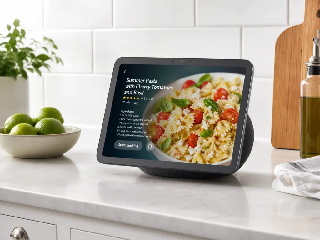 Graphite Echo Show 8 (newest 8.7" model) displayed on a bright kitchen countertop showing a recipe.