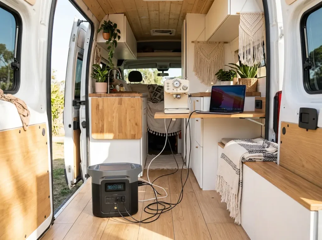 EcoFlow DELTA 2 portable power station powering a coffee maker and a laptop on a standing desk inside a modern camper van.