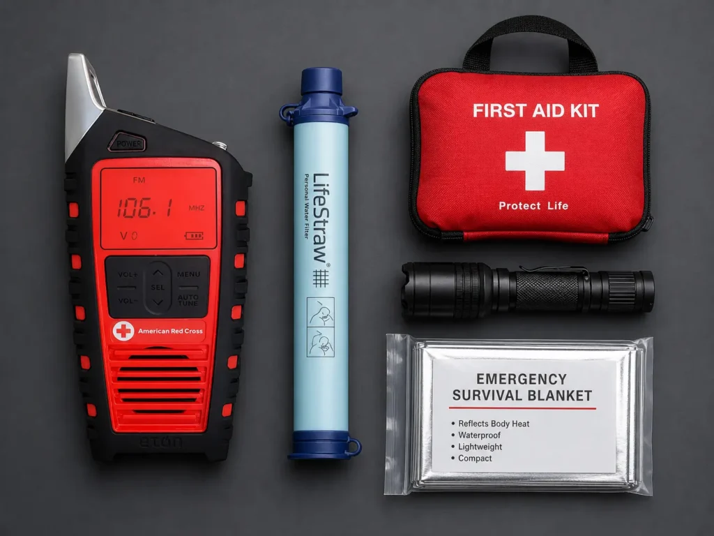 Flat lay layout of an emergency preparedness kit, featuring an emergency crank radio, water filter, flashlight, and medical kit on a gray background.