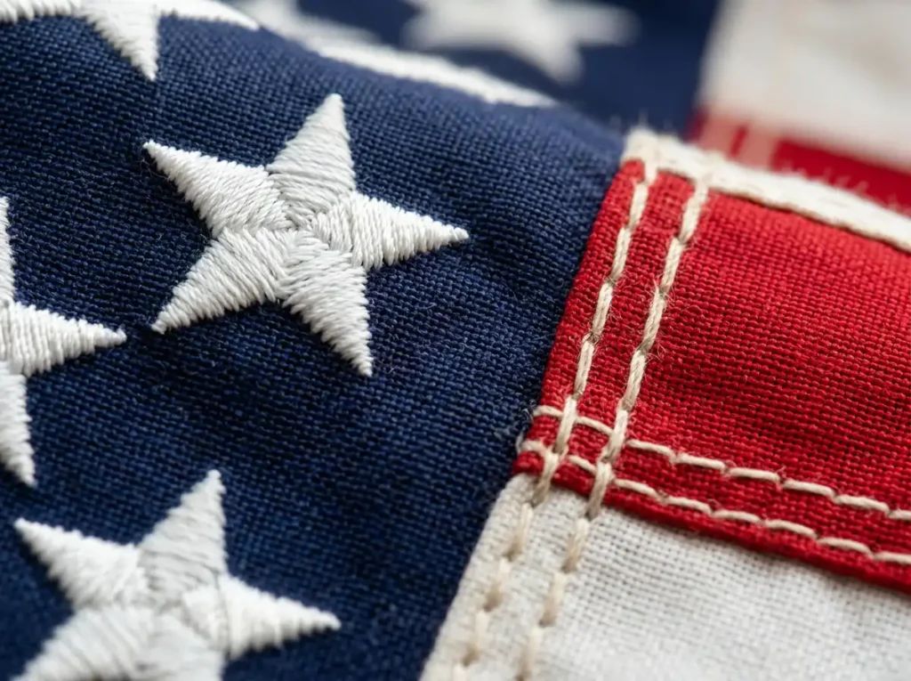 Close up of the Grace Alley American flag showing detailed embroidered white stars and thick sewn red and white nylon stripes.