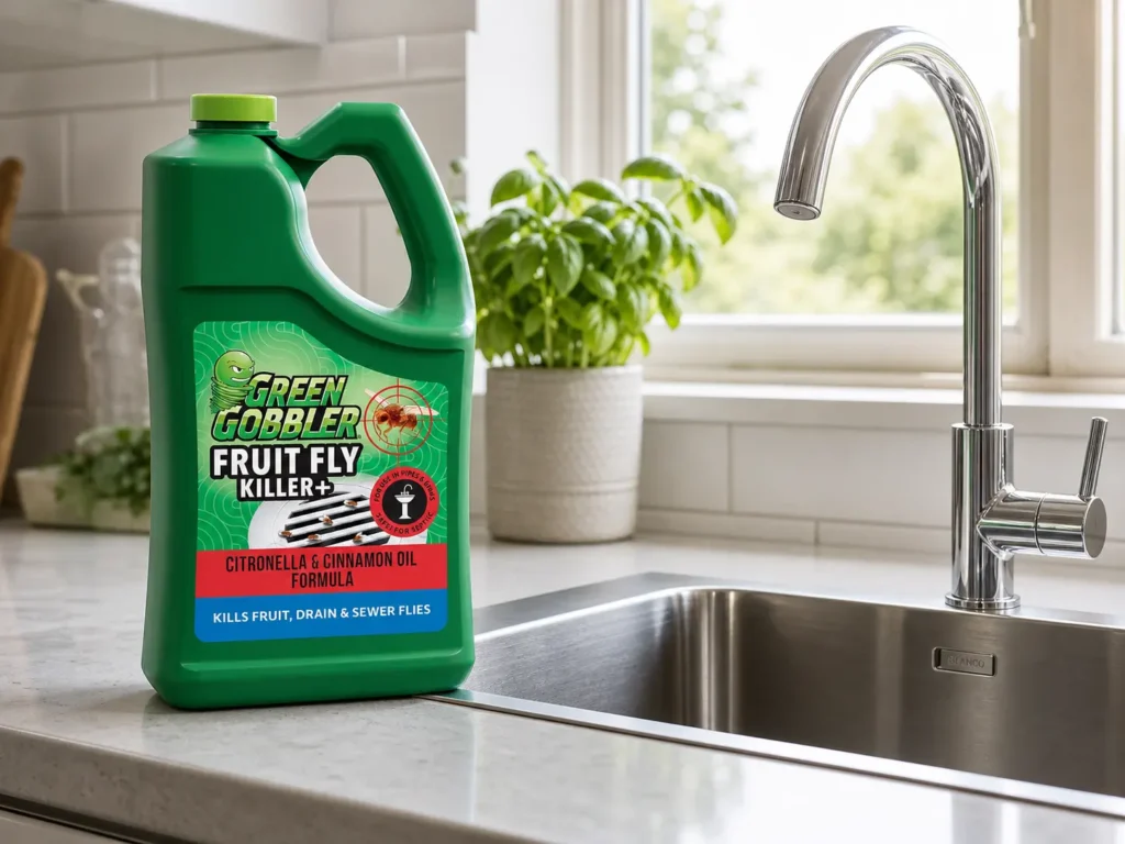 Green Gobbler Fruit Fly Goodbye Gel Drain Treatment bottle sitting on a wooden cutting board next to a clean stainless steel kitchen sink.