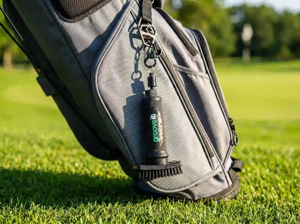 A black and green Grooveit water-dispensing golf club cleaning brush clipped to a professional nylon golf bag on a sunny grass fairway.