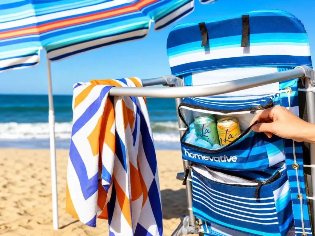 A high-back Homevative backpack beach chair in key lime green, showing its extra-large cooler pocket being opened to reveal cold drinks.