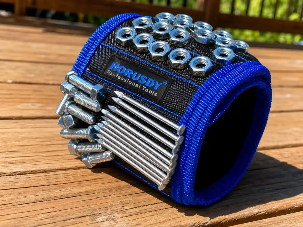 HORUSDY Magnetic Wristband loaded with bolts and nuts during an outdoor deck building project.