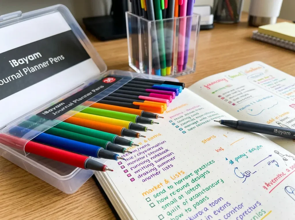 A colorful set of iBayam Journal Planner Pens lying next to handwritten notes in an open planner