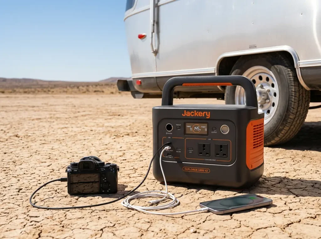 Close up of a Jackery Explorer 1000 v2 power station charging a digital camera and a smartphone outside an Airstream trailer.