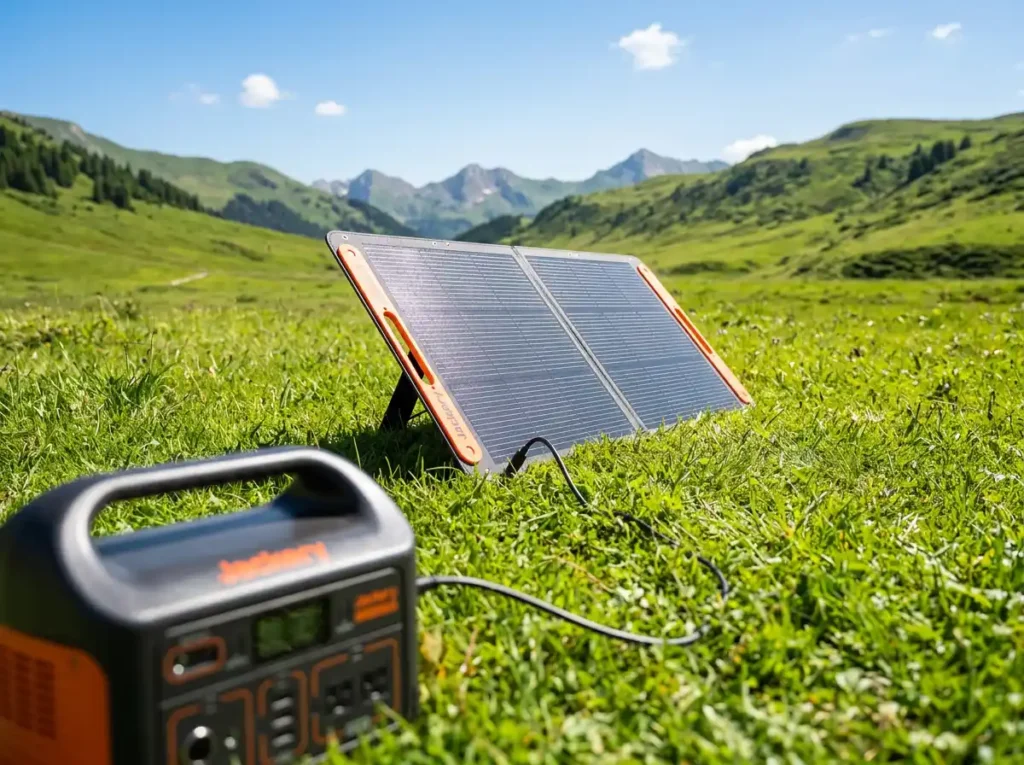 A foldable Jackery SolarSaga 100W solar panel angled towards the sun in a grassy meadow, connected to a power station.