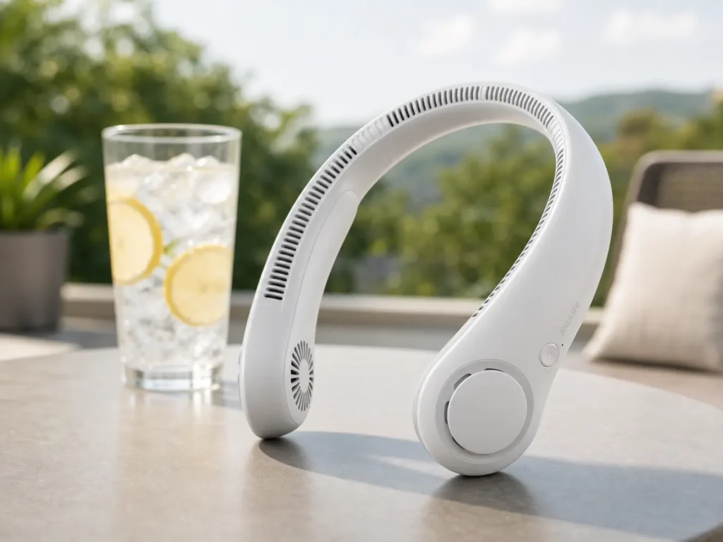 A sleek, white, hands-free JISULIFE portable neck fan resting on an outdoor table next to a glass of iced lemon water during a sunny day.