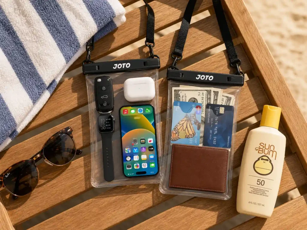 Two black JOTO waterproof phone pouches sitting on a wooden beach chair next to sunglasses.