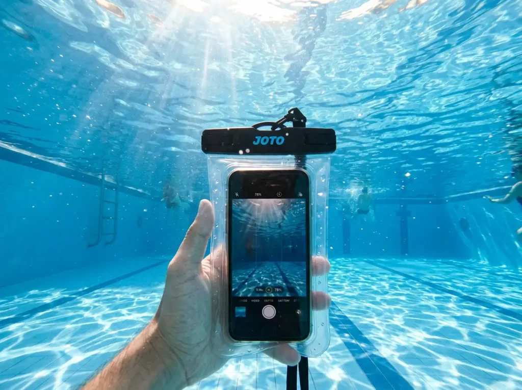 A smartphone safely sealed inside a black JOTO Universal Waterproof Phone Pouch being used underwater in a clear blue swimming pool.