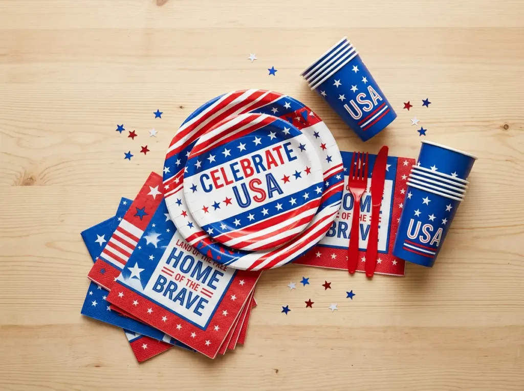 JOYIN Patriotic Party Supplies Dinnerware Set featuring American flag patterns on paper plates, cups, and napkins displayed on a wooden table.