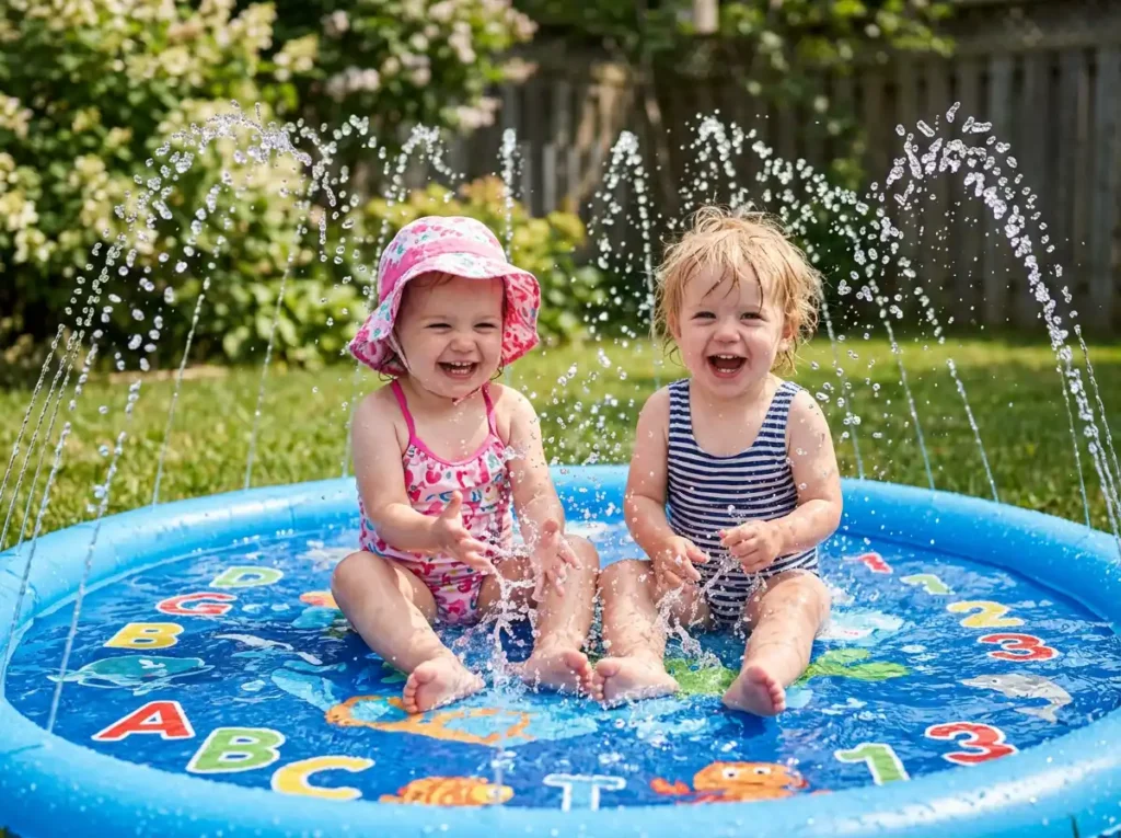 Two happy toddlers playing on one of the best backyard splash pads for toddlers on a sunny summer day.