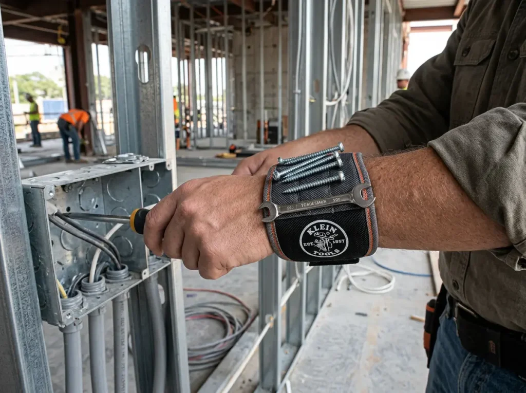 Klein Tools Tradesman Pro Magnetic Wristband holding self-tapping screws and a small wrench.