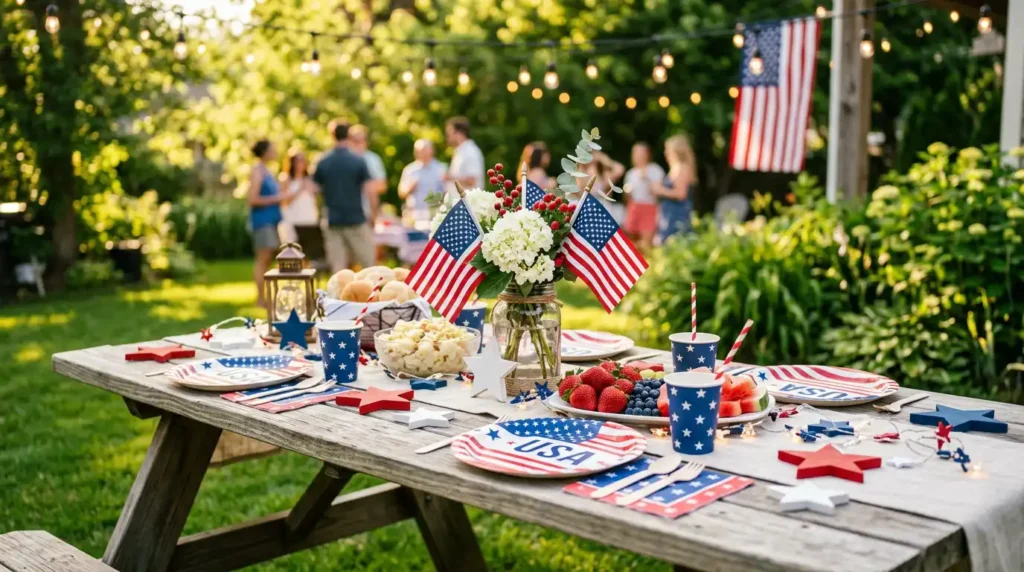 A styled dining table featuring last-minute patriotic party supplies for a 4th of July BBQ.