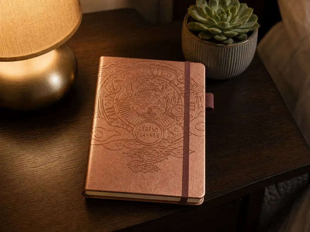 A premium rose gold Legend Planner on a dark wood bedside table showcasing its elegant vegan leather cover