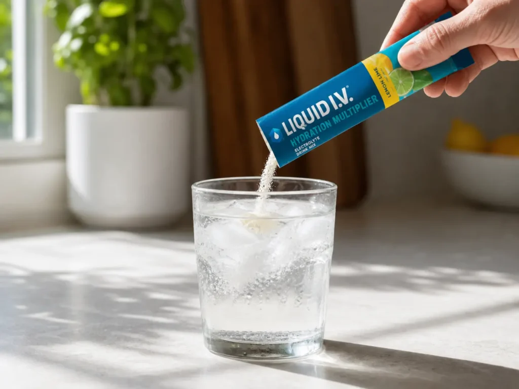 Pouring a single-serve packet of Liquid I.V. Hydration Multiplier into a cold glass of water with ice