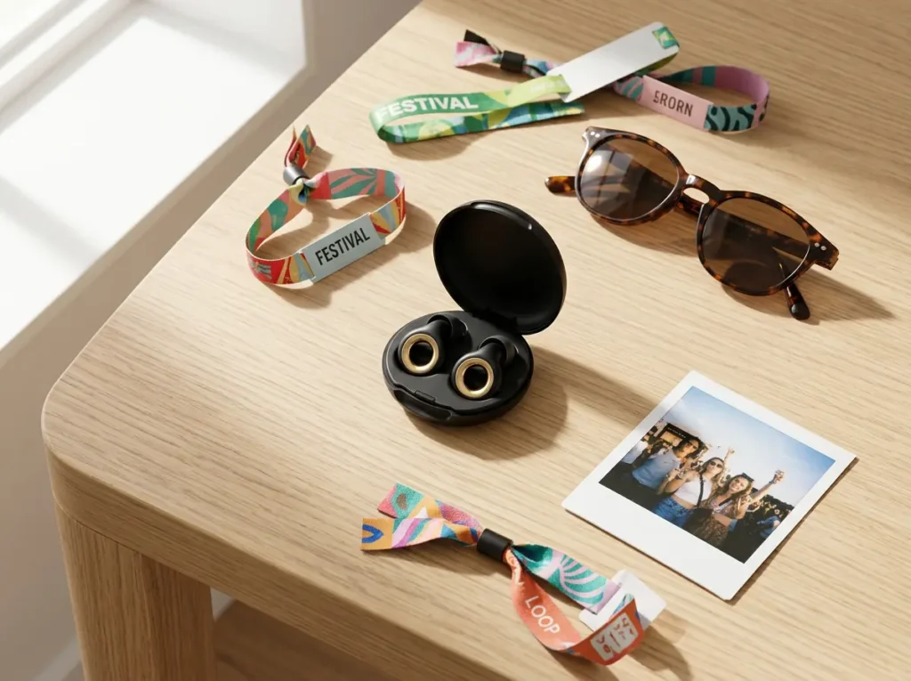 Loop Experience 2 Plus earplugs in their redesigned carrying case next to festival wristbands and sunglasses on a wooden table.