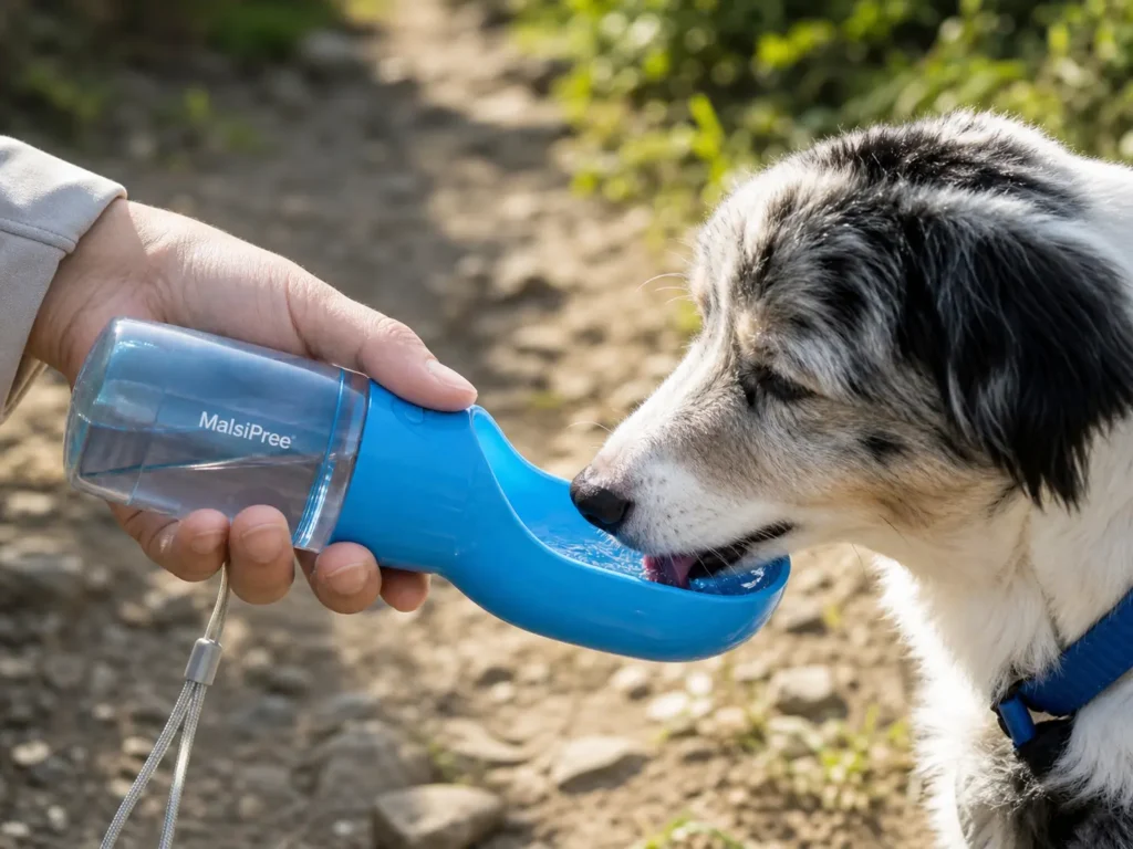 A person holding a blue MalsiPree portable dog travel water bottle with built-in drinking bowl while a dog drinks from it outdoors
