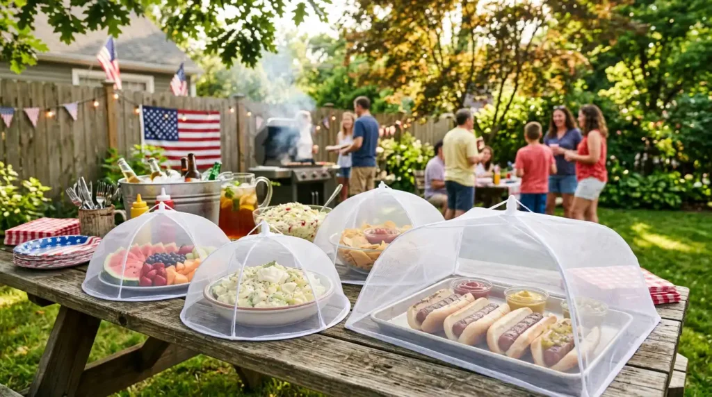 White translucent pop-up mesh food covers on a table to keep flies off food during a July 4th BBQ.