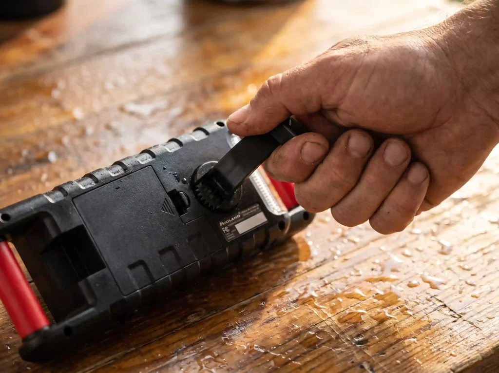 A close-up shot of a hand turning the crank of a red Midland ER310 emergency radio, demonstrating its self-powered functionality.