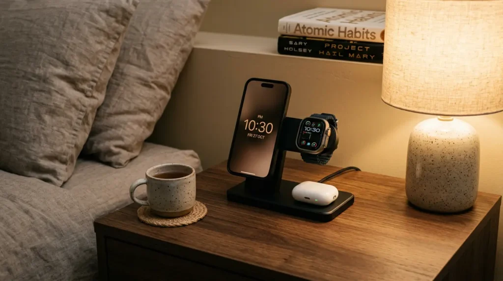 Minimalist bedroom nightstand featuring a modern 3-in-1 wireless charging station with an iPhone, Apple Watch, and AirPods charging.