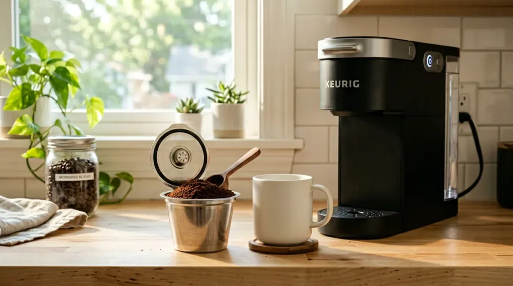 The best reusable k-cups sitting on a clean kitchen counter next to a Keurig machine