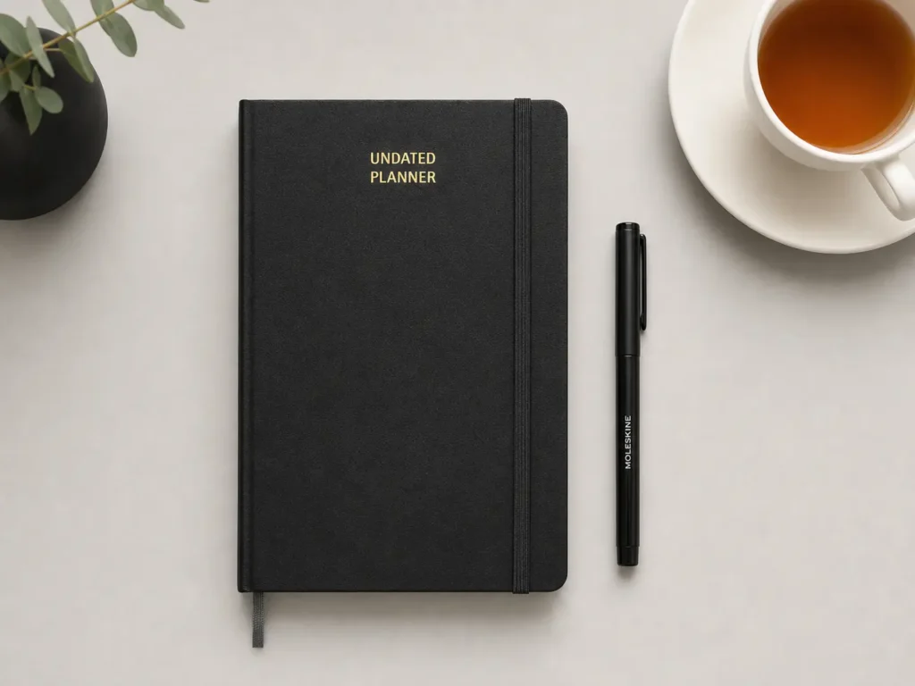 A classic black Moleskine 12-Month Weekly Undated Planner on a white desk with a simple gel pen