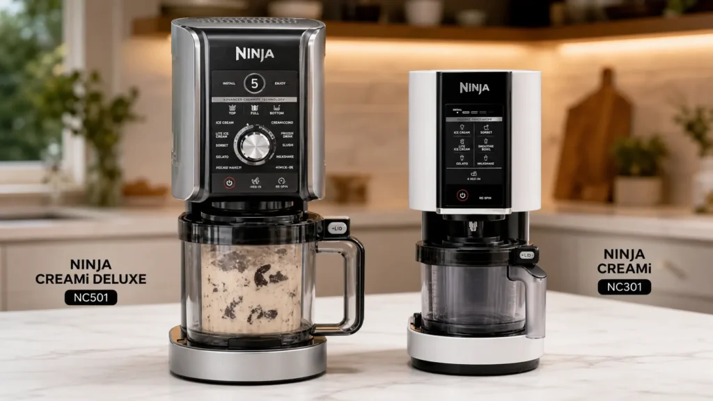 Side by side comparison of the Ninja CREAMi Deluxe NC501 11-in-1 and Ninja CREAMi NC301 7-in-1 ice cream makers