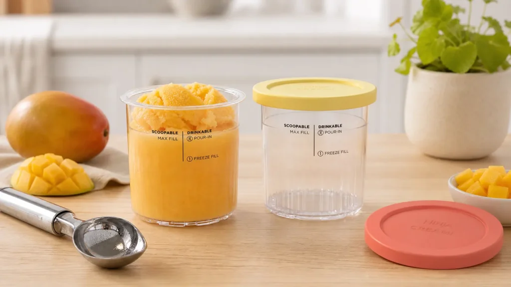 Two colorful Ninja CREAMi Deluxe 24oz pint containers with yellow and coral lids filled with healthy mango sorbet and chocolate protein ice cream