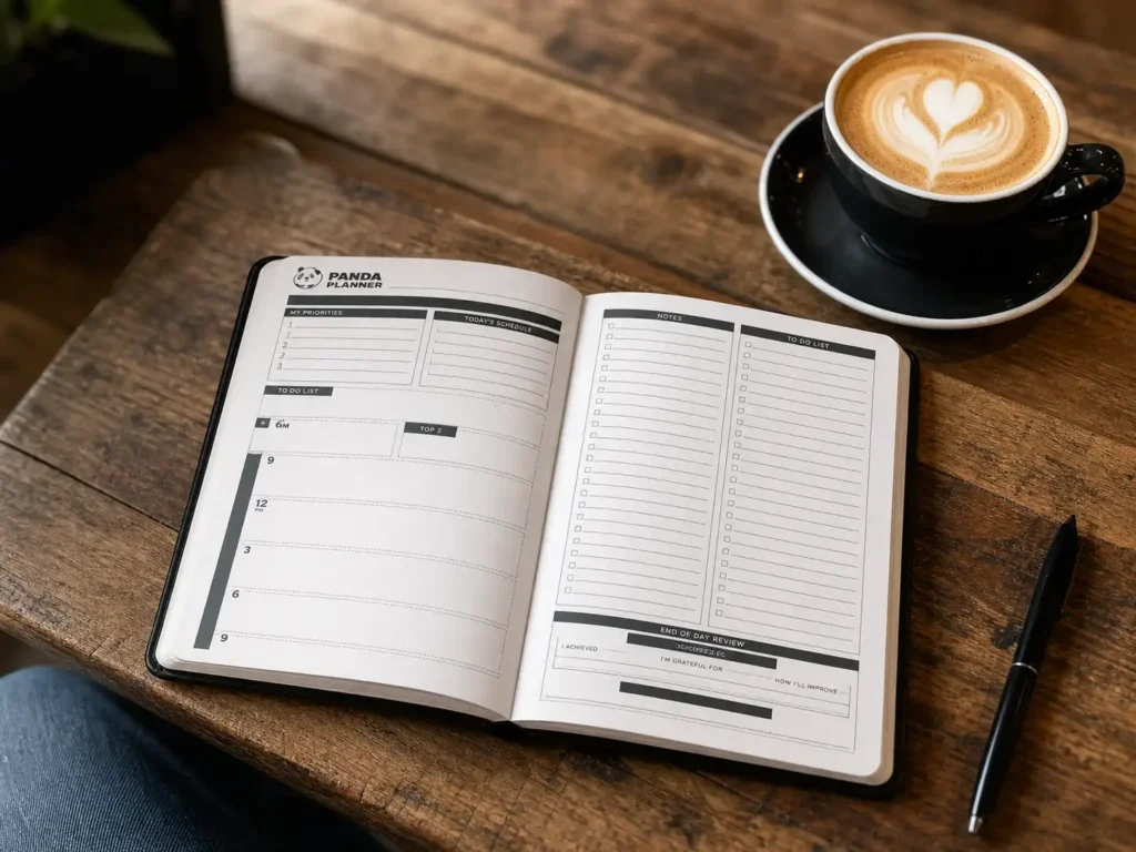 An open black Panda Planner Classic on a wooden coffee shop table with a morning coffee