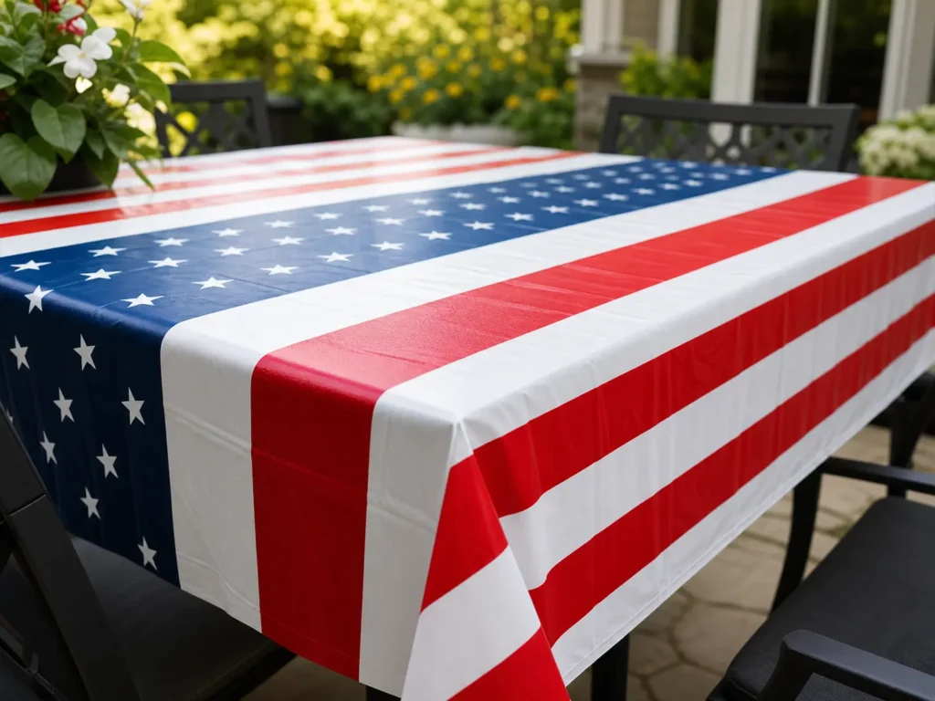 A red white and blue disposable plastic tablecloth covering a long outdoor picnic table to protect it from barbecue sauce spills.