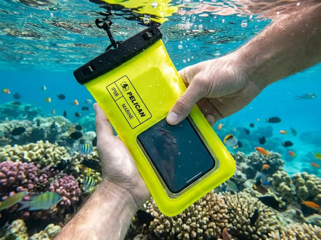 The best waterproof phone pouch for snorkeling by Pelican Marine floating in tropical water