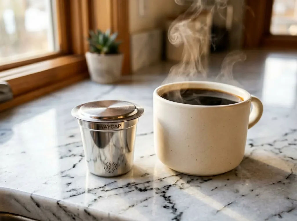 A premium heavy-duty Perfect Pod Cafe Fill Stainless Steel Reusable K-Cup resting beside a fresh cup of dark roast coffee on a marble countertop.