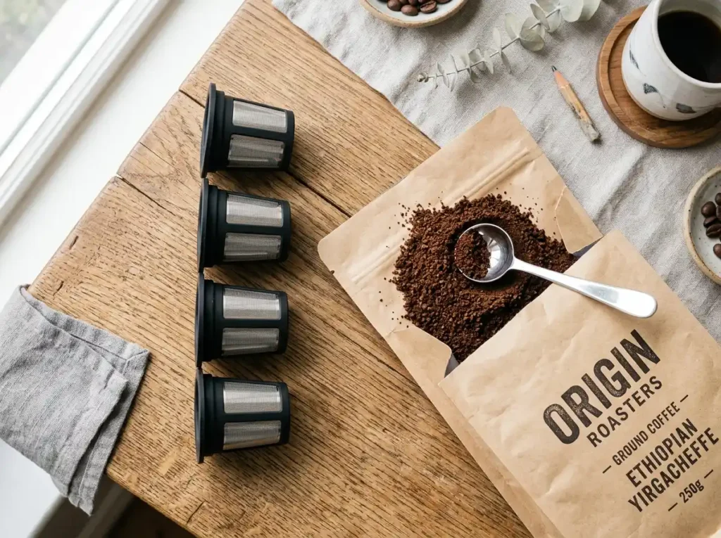 A 4-pack of Perfect Pod Cafe Save Reusable K-Cups in black plastic with stainless steel mesh, arranged neatly next to a bag of ground coffee.