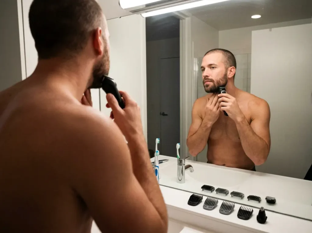 A man using the Philips Norelco Series 3000 Multigroomer to trim his beard jawline in a well-lit bathroom mirror.