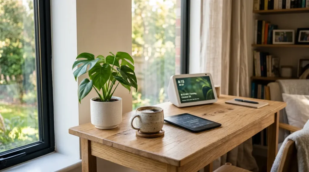 How to prep for Prime Day 2026 setup showing a Kindle Paperwhite and an Echo Show 8 sitting on a sunlit oak desk.