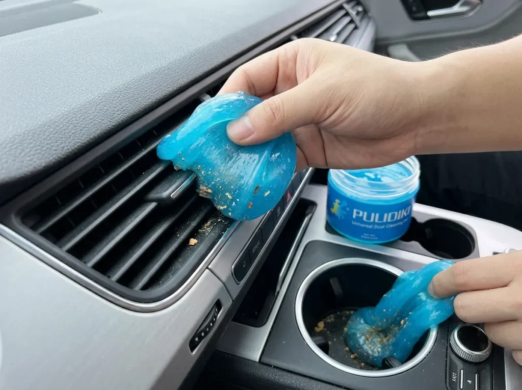 Blue PULIDIKI car cleaning gel putty being used to clean dust and crumbs out of a minivan's console and air vents.