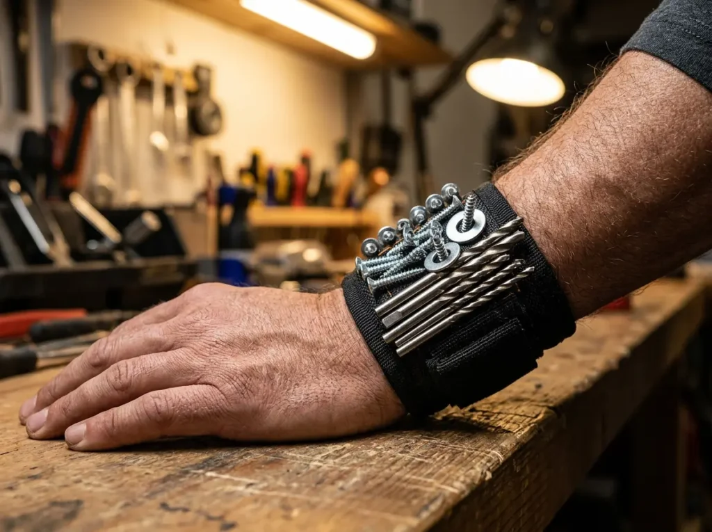 Close-up of a RAK Magnetic Wristband holding steel screws and drill bits on a man's wrist.