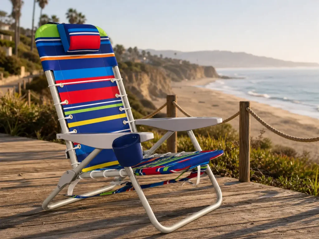 A multi-color RIO BEACH 4-position lace-up backpack chair showing its unique nautical suspension ropes on a wooden beach boardwalk.