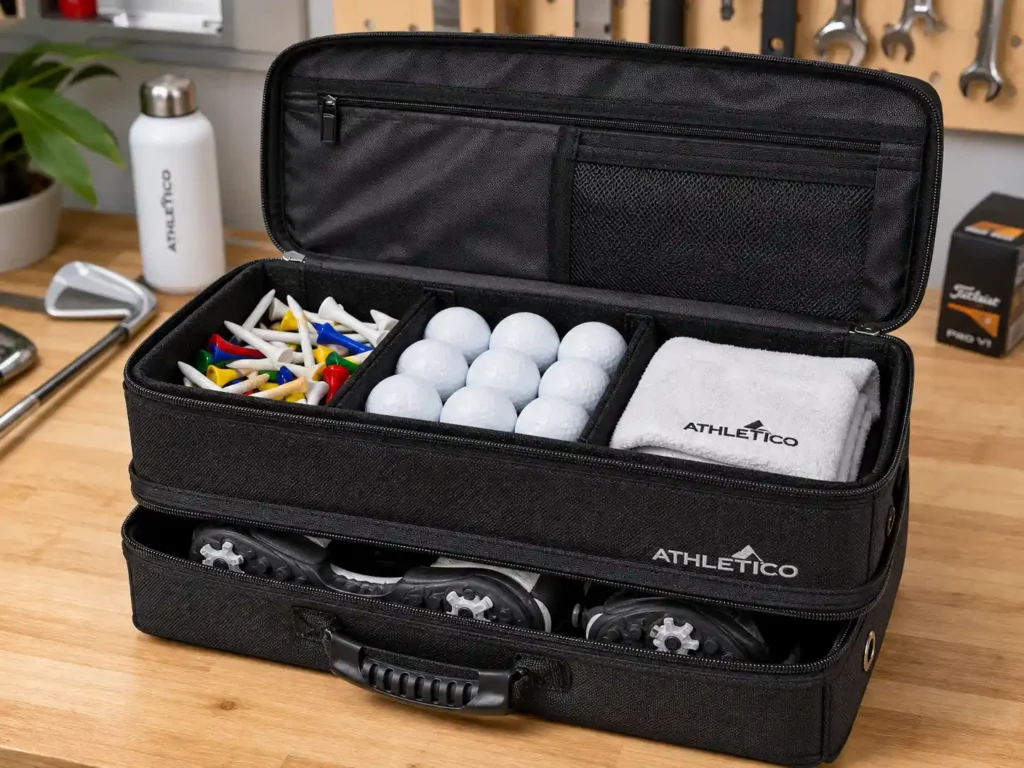 A high-quality studio shot of a two-layer black polyester golf locker caddy showing adjustable velcro compartments filled with golf accessories on a clean garage workbench.