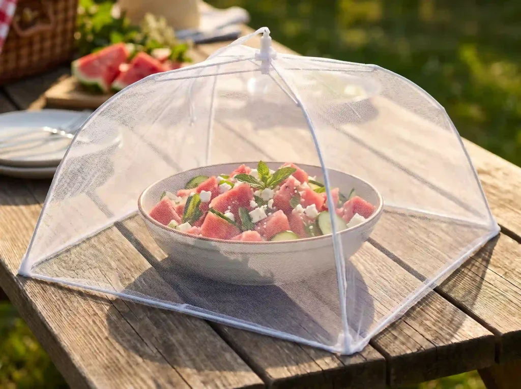 A Simply Genius pop-up mesh food cover protecting a bowl of watermelon salad on a wooden picnic table.