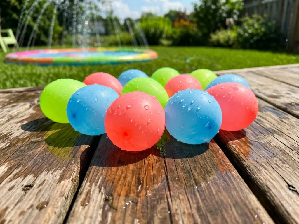 Vibrant and wet SOPPYCID reusable silicone water balloons resting on a wooden deck next to a summer splash pad area.