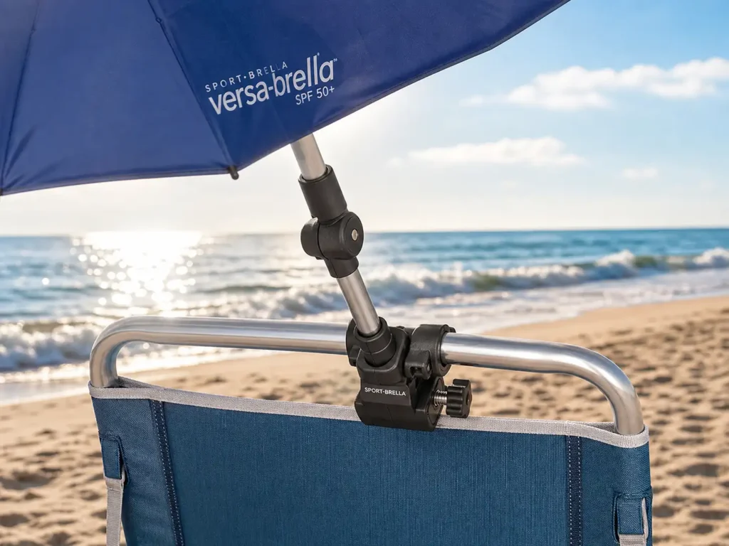 A blue Sport-Brella Versa-Brella clamped securely onto the armrest of a beach chair, providing a cool shade canopy.
