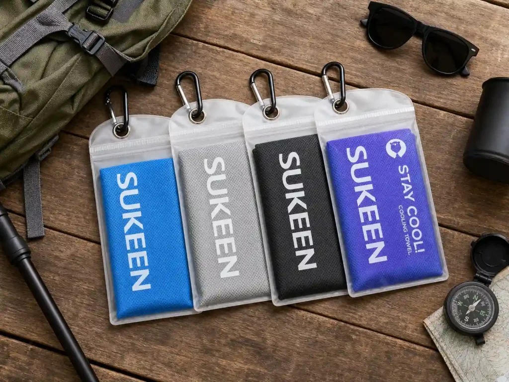 A set of four colorful Sukeen cooling towels packed in portable plastic pouches with metal carabiner clips next to hiking sunglasses on a rustic wooden table.