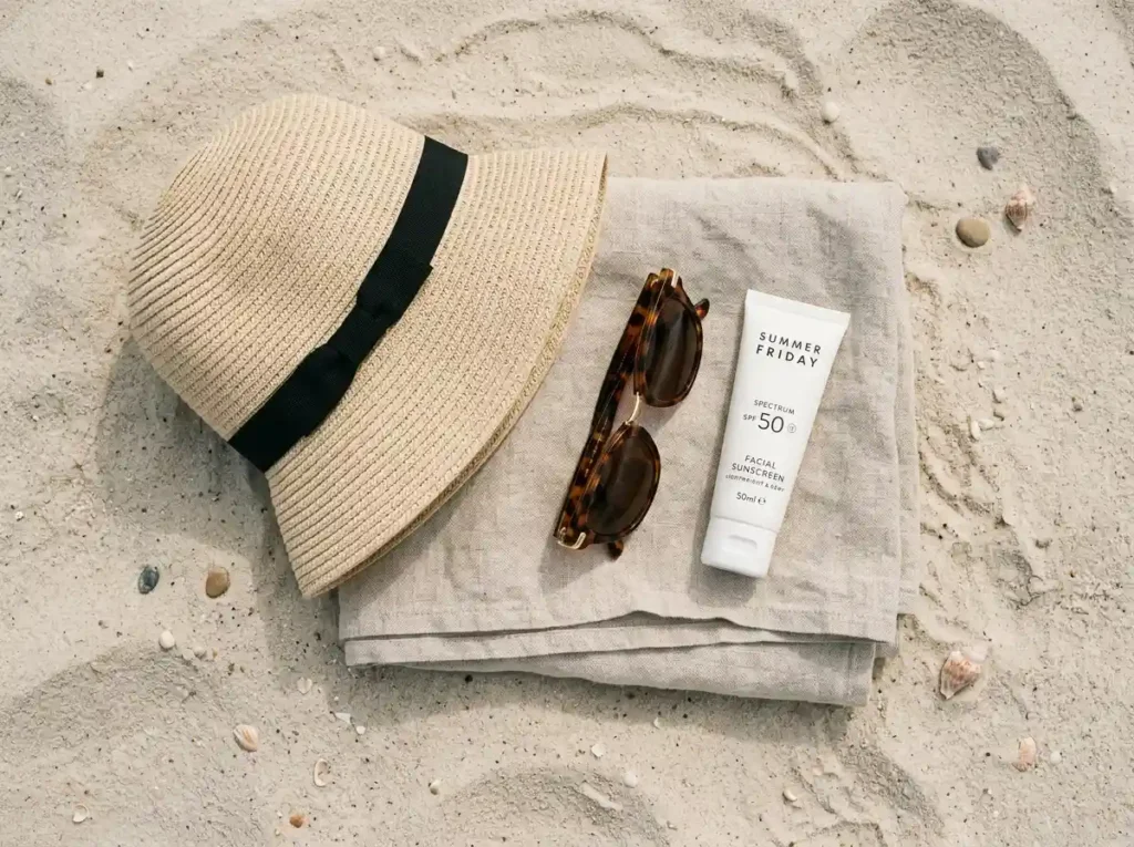 A flat lay of stylish summer essentials including a roll-up straw sun hat, sunglasses, and Supergoop Unseen Sunscreen on a sandy linen background