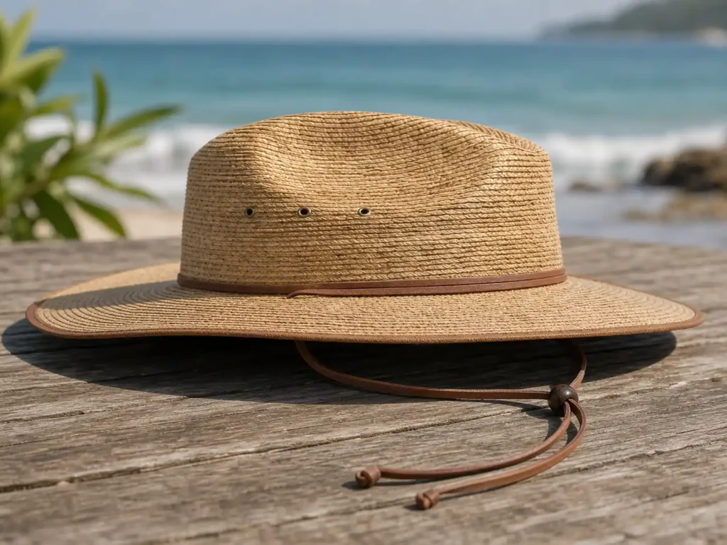 A close-up of Sunday Afternoons Women's Islander Hat featuring a leather chin strap and a fedora-style crown