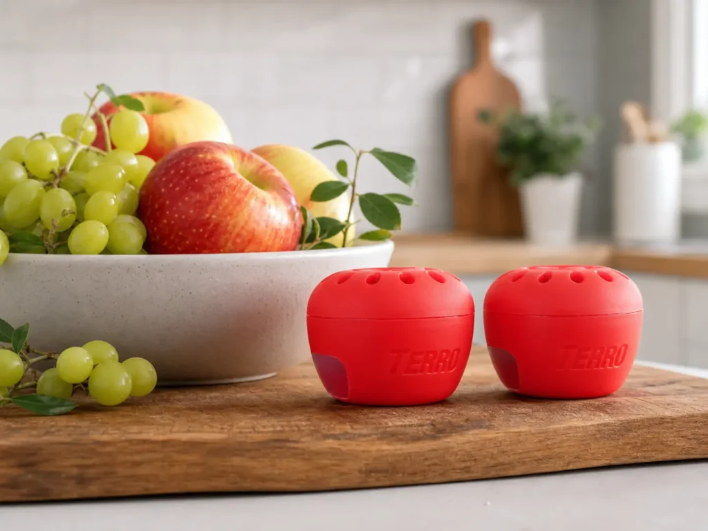 A pair of red apple-shaped TERRO Fruit Fly Traps sitting discreetly on a wooden cutting board next to fresh apples and a bowl of grapes.