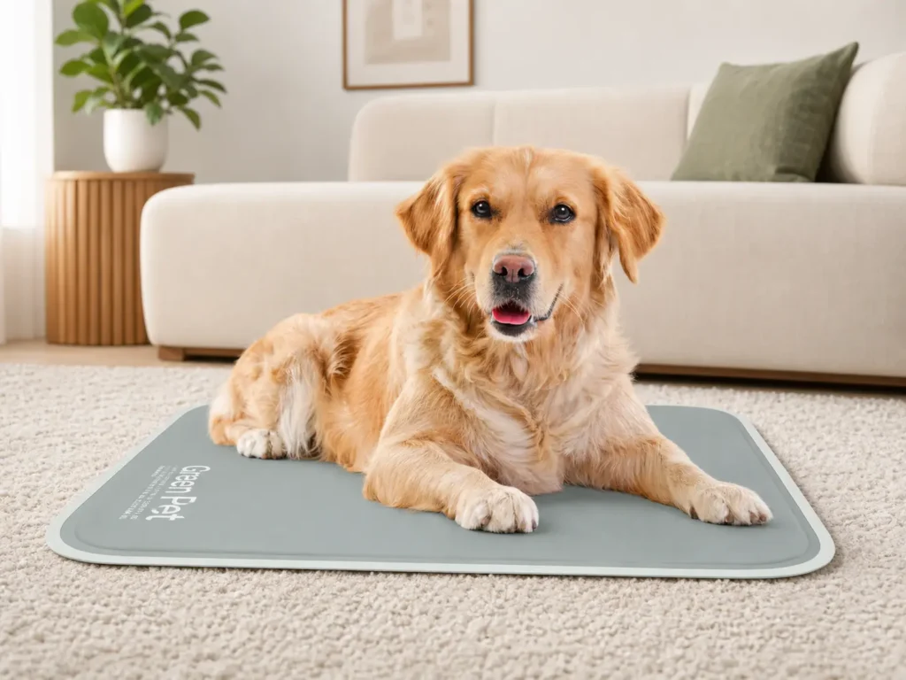 The Green Pet Shop Dog Cooling Mat in sage grey color spread on a carpet next to a dog bed