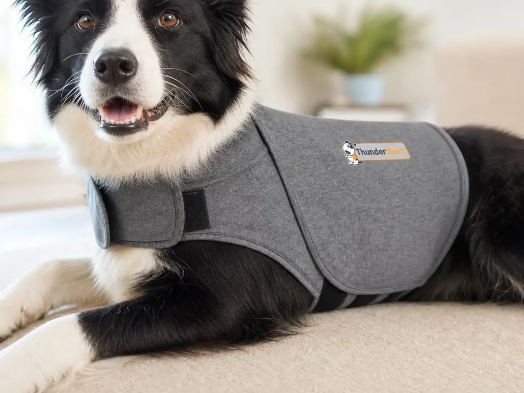 Snug fit of a ThunderShirt Classic dog anxiety jacket in heather gray on a medium-sized dog.